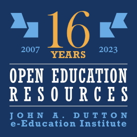 Graphic celebrating the 16th anniversary of Dutton OER in gold lettering on a blue background