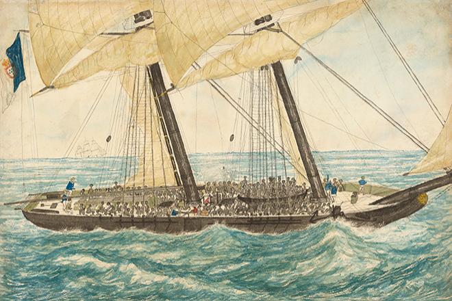 watercolor of a slave ship, 5 crew members with multiple enslaved persons crowded on the deck. A Portuguese flag flies & an outline of another ship is in the background.
