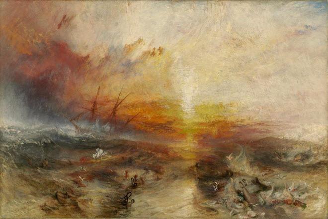 Oil painting depicting an overturned slave ship in a storm-tossed sea