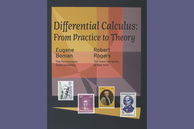 Cover of "Differential Calculus: From Practice to Theory" textbook showing postage stamps of famous mathematicians