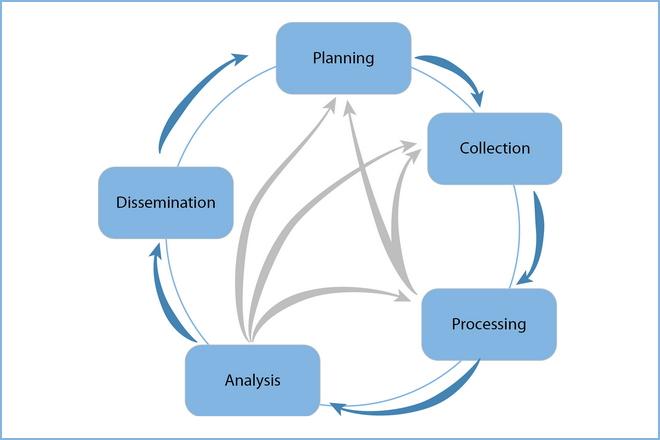 Flow chart illustrating the categories "Planning," "Collection," "Processing," "Analysis," and "Dissemination" flowing into each other in a cycle