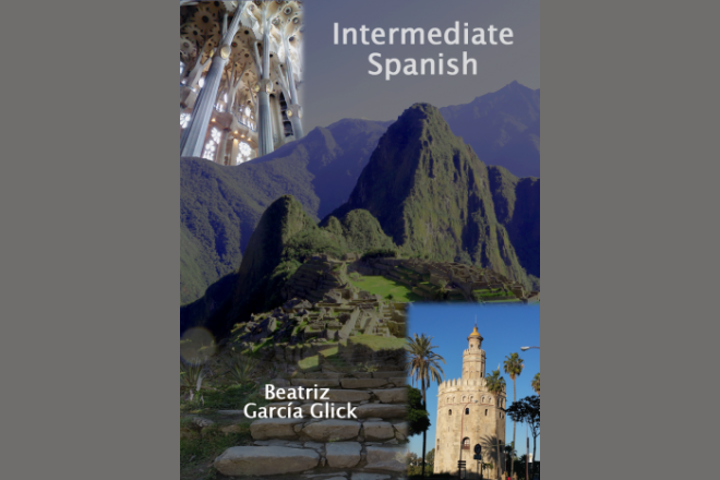 Cover of "Intermediate Spanish" textbook showing photographs of mountains and architectural features of Spain