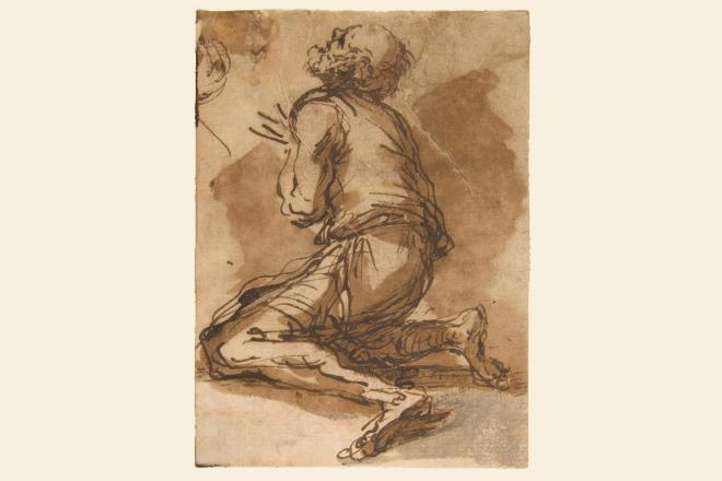 Drawing of a man kneeling in anguish
