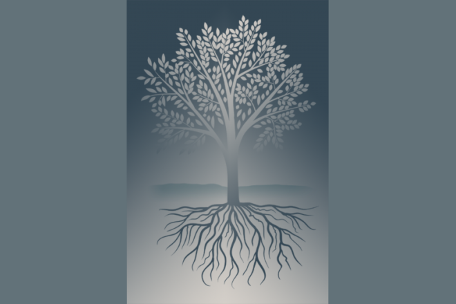 Cover of "The Holocaust" e-book featuring an illustration of a tree with branching roots